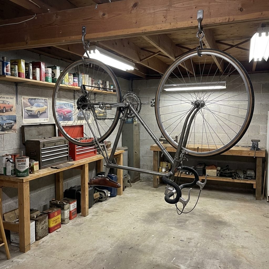 The Bicycle Hooks Screwed Into the Ceiling Joists With One Bike That Never Came Down