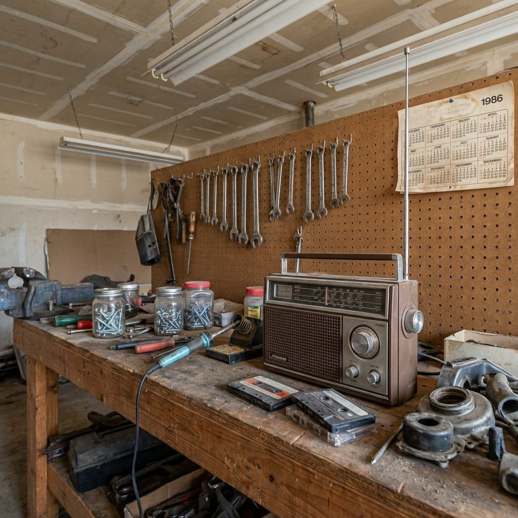 The Transistor Radio or Boom Box Parked on the Workbench Tuned to the Classic Rock Station