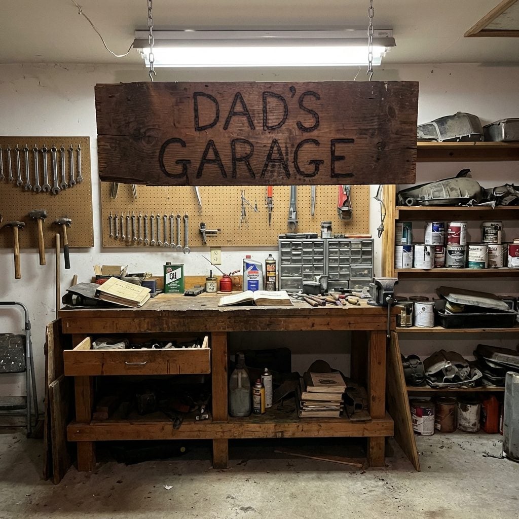 The Hand-Lettered 'DAD'S GARAGE' Sign Burned Into a Piece of Scrap Wood