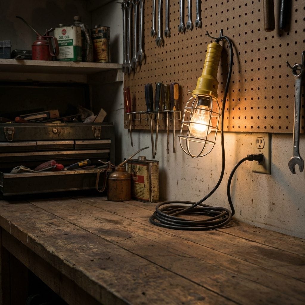 The Pegboard-Mounted Trouble Light With the Wire Cage Around the Bulb
