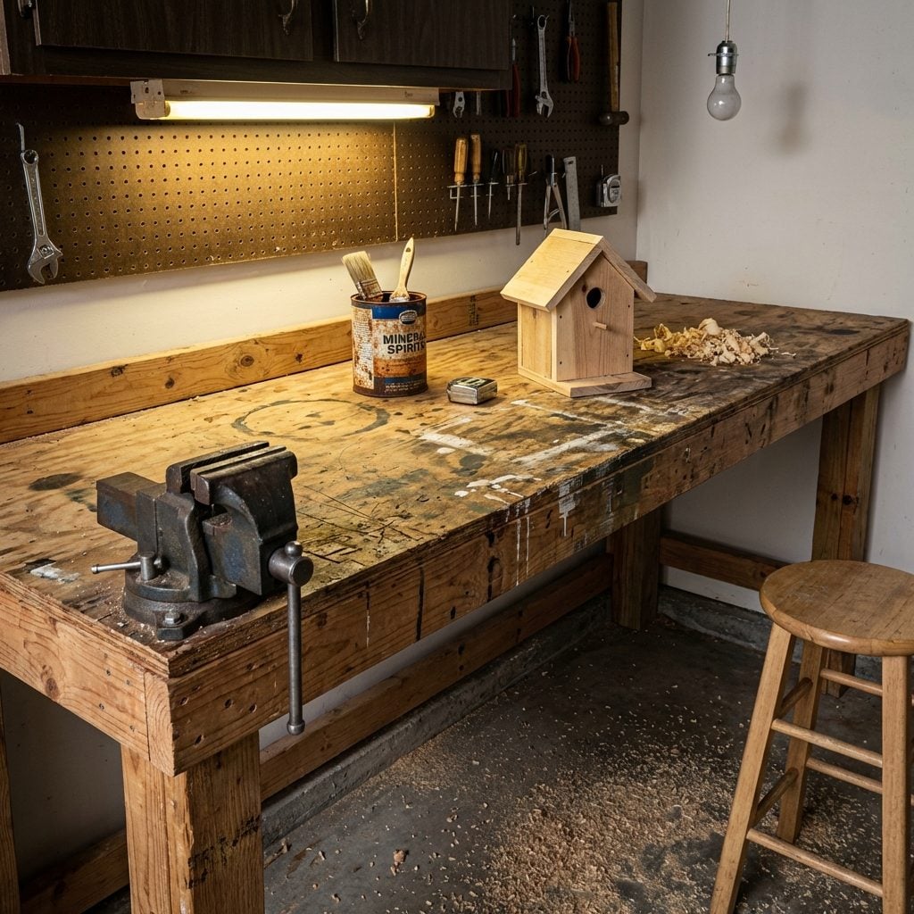 The Workbench Built From 2x4s and Plywood With a Vise Bolted to One End