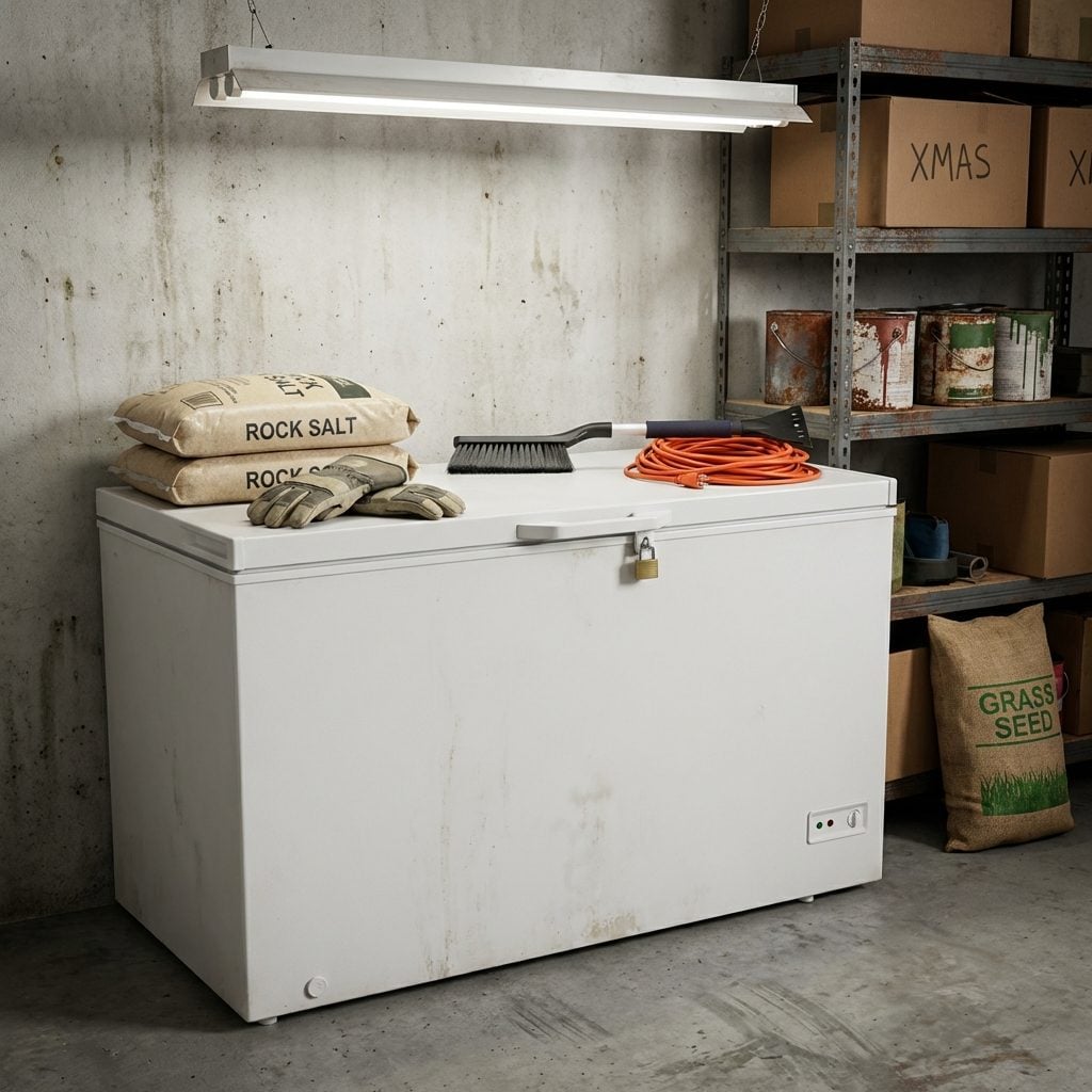 The Chest Freezer Humming Against the Back Wall Under Bags of Rock Salt
