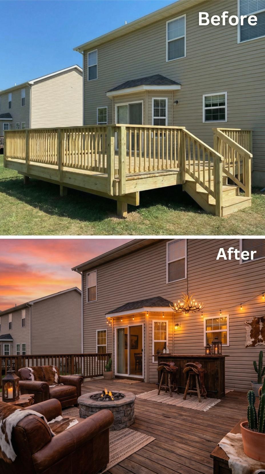 Rustic Western Retreat with Leather Seating and Stone Fire Bowl