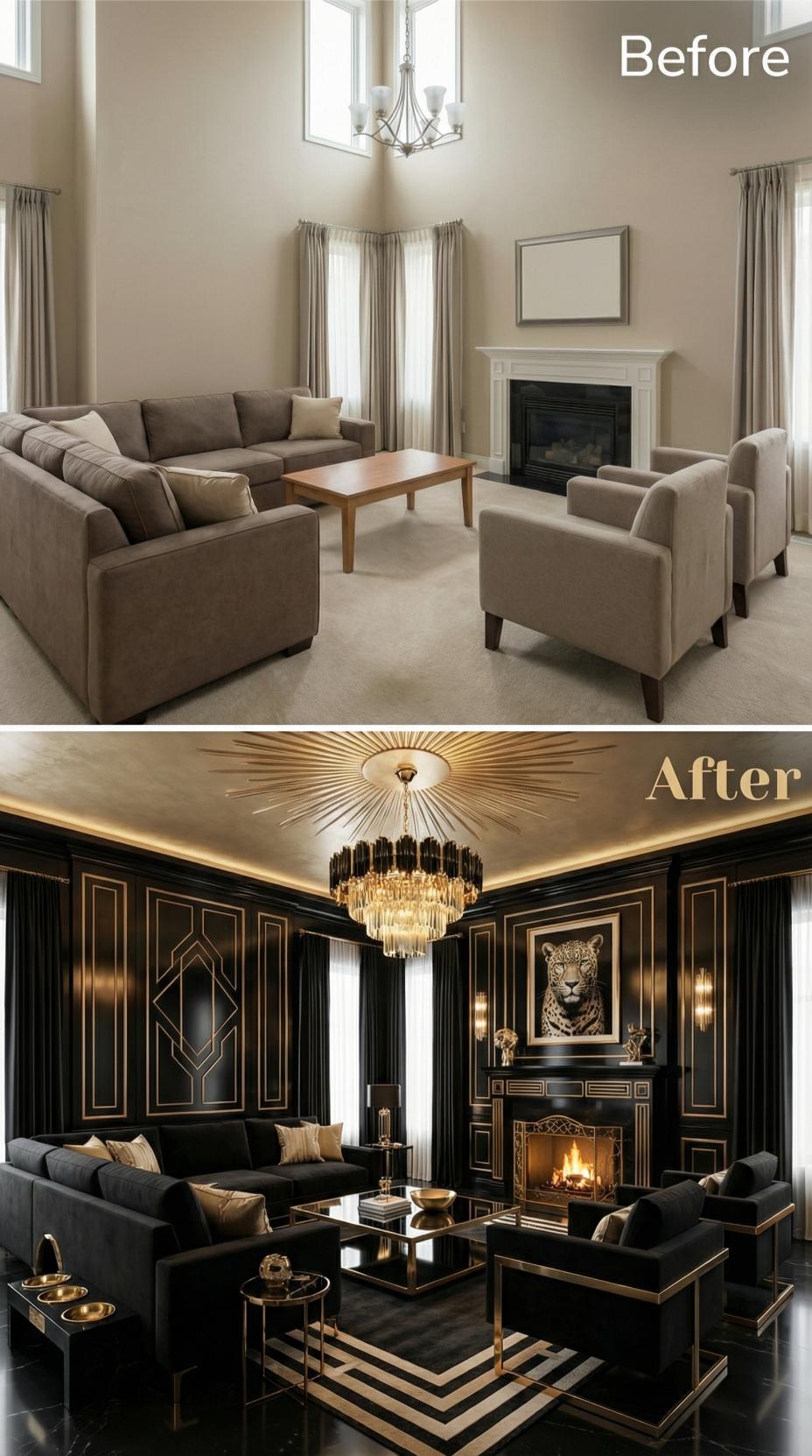 Black Paneling with Gold Trim and Crystal Waterfall Replace Builder Beige