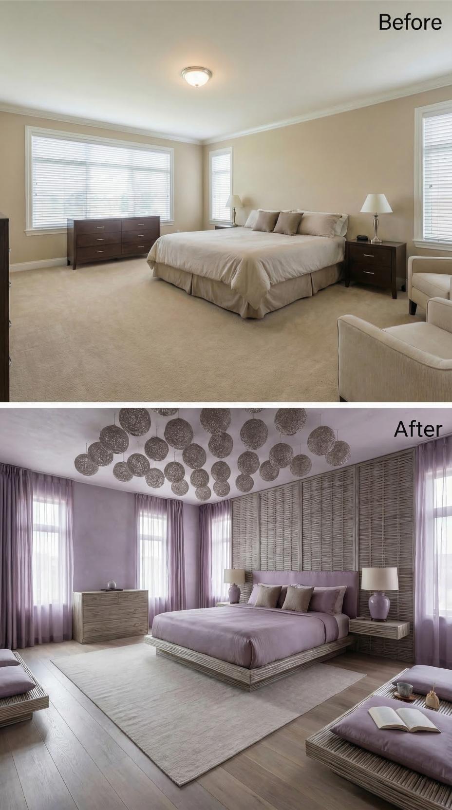 Woven Rattan Headboard Wall and Pendant Orb Cluster Replaced Beige Carpet and Flush Mount
