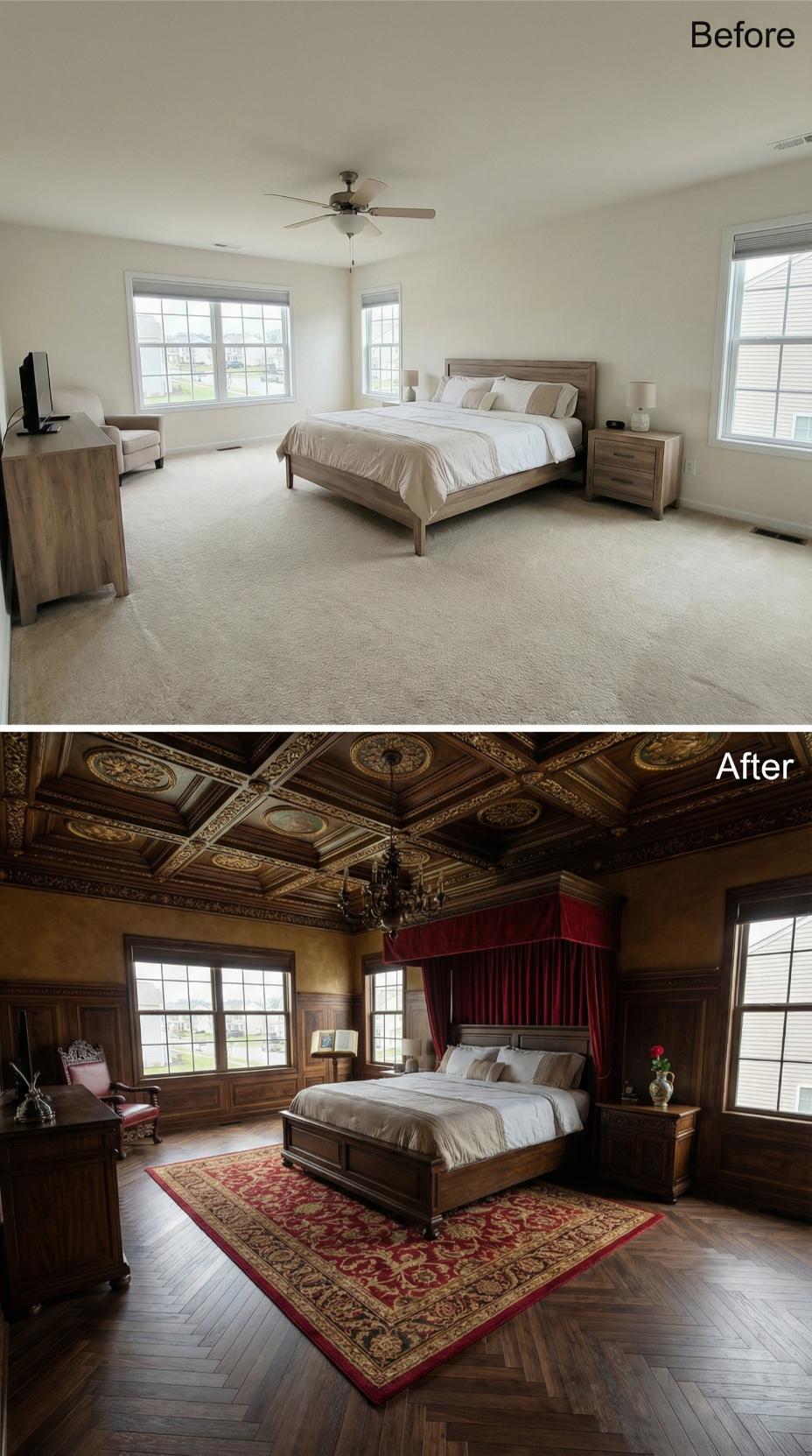 Coffered Walnut Ceiling with Oil Paintings, Herringbone Floor, and a Canopy Bed in Crimson Velvet