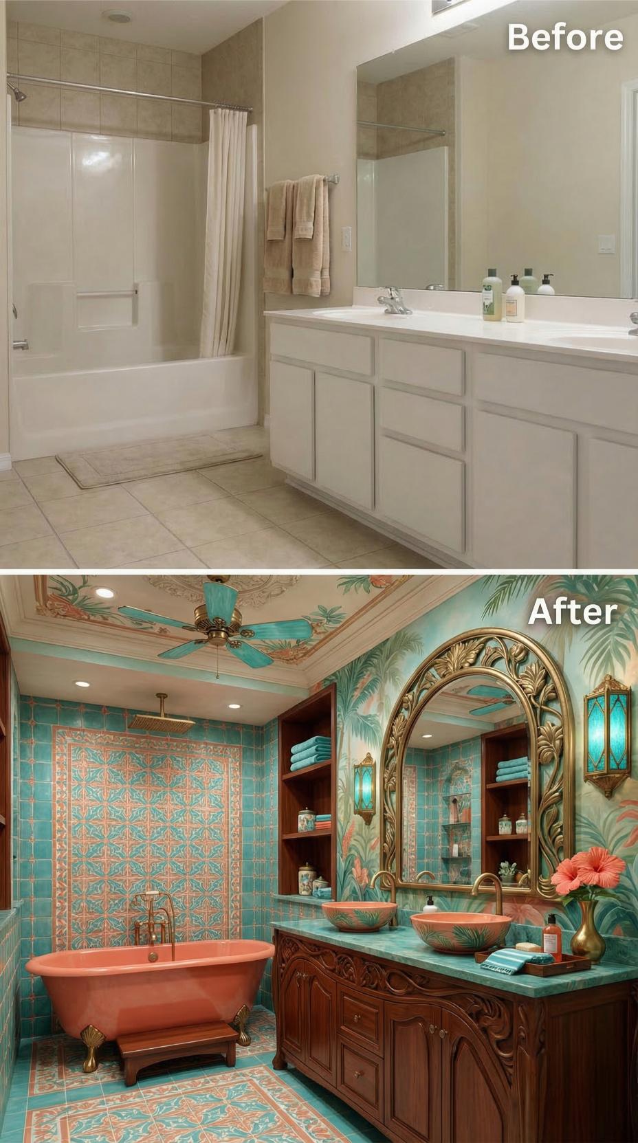 Turquoise Zellige and Coral Clawfoot with Tropical Palm Wallpaper