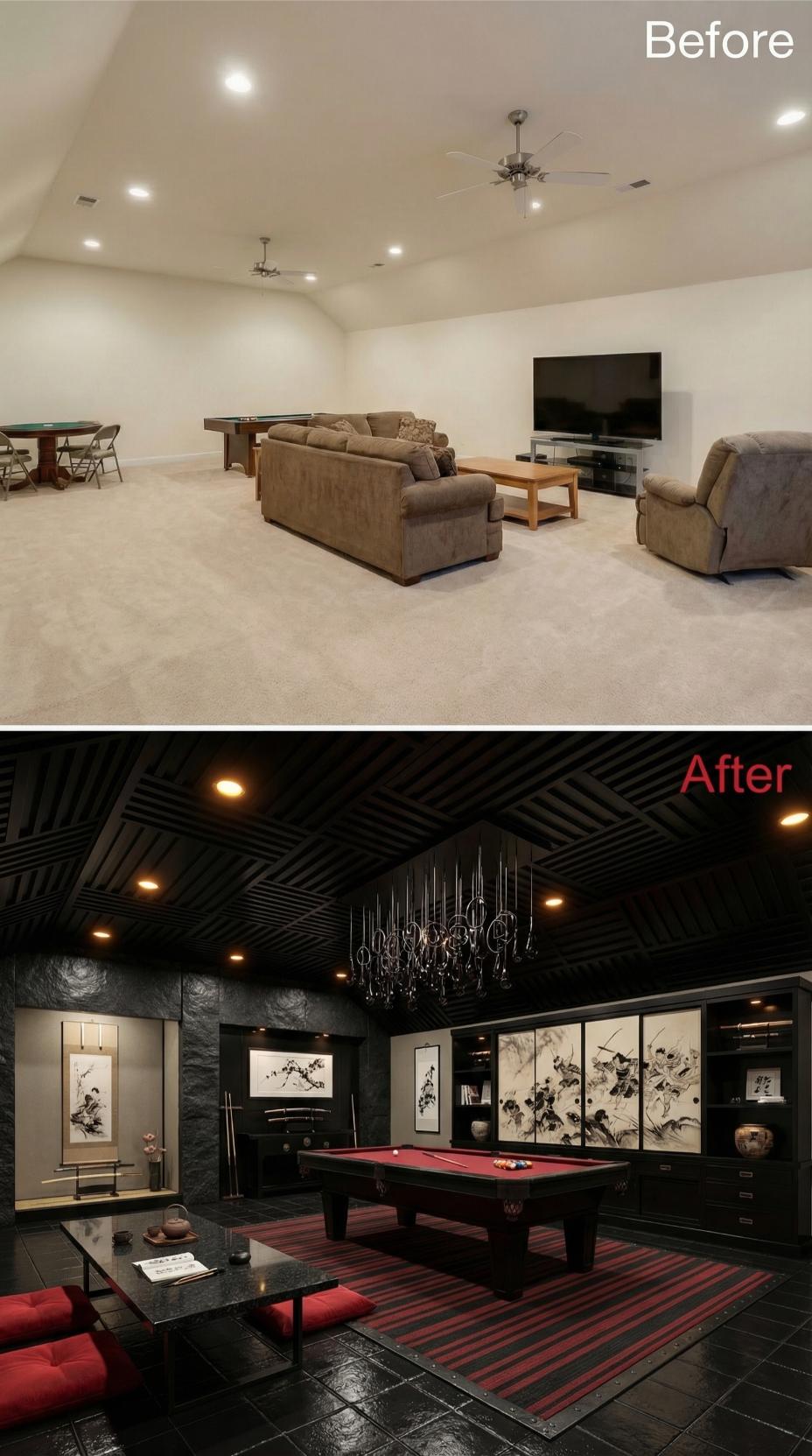 Black Lacquered Ceiling with Geometric Grooves and Asian Scroll Gallery