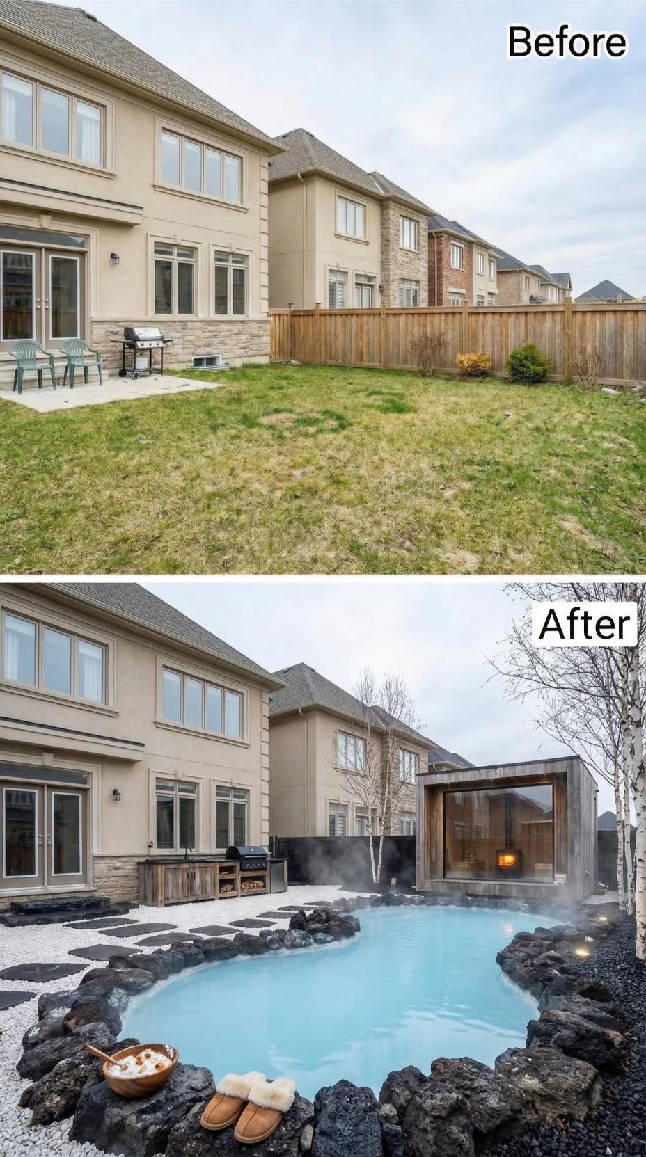 Lava Rock Pool, Cedar Sauna Cabin, and White Gravel Court Replace a Builder Lawn