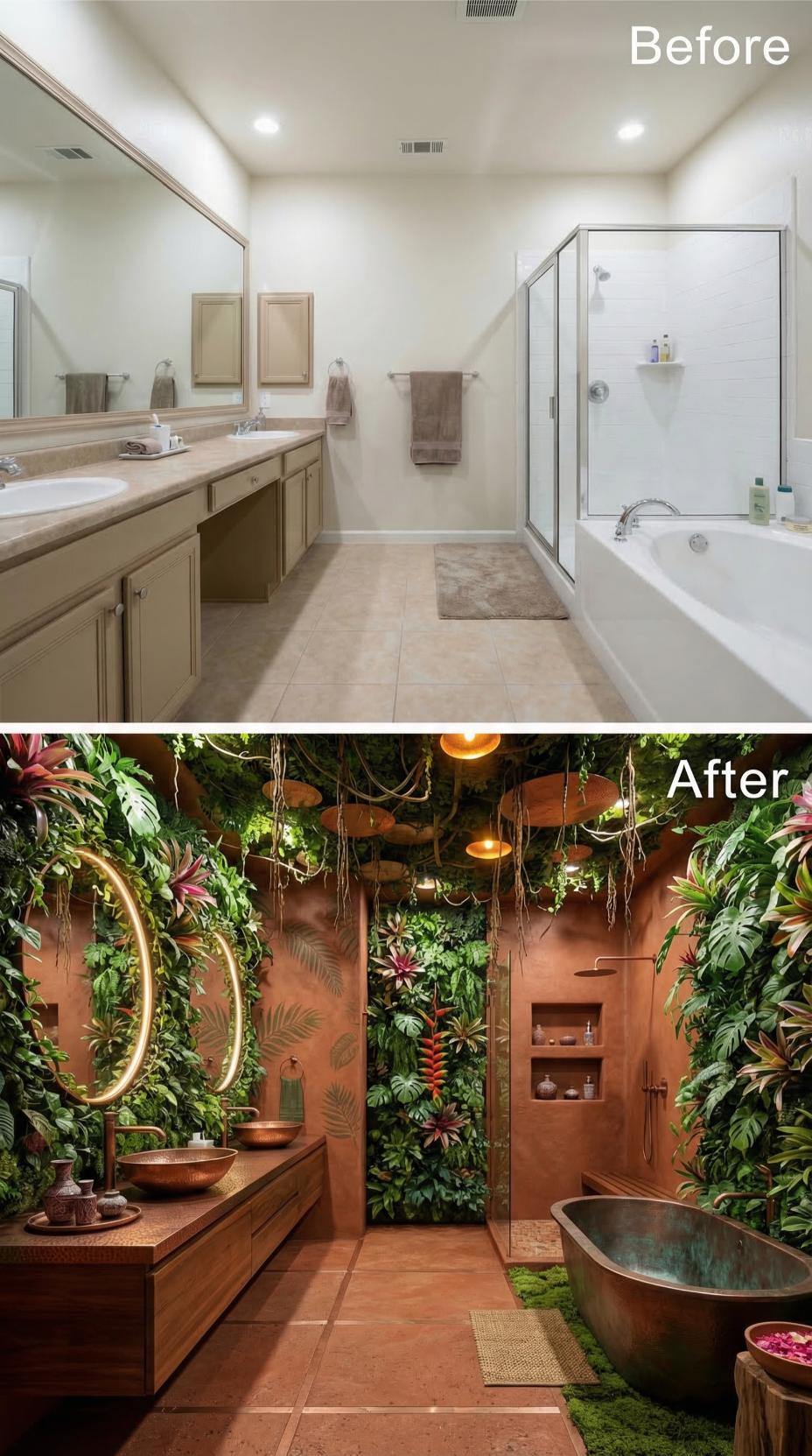Copper Vessel Sinks, Living Walls Floor to Ceiling, and Pendant Lights Swapped Out Beige Cabinetry