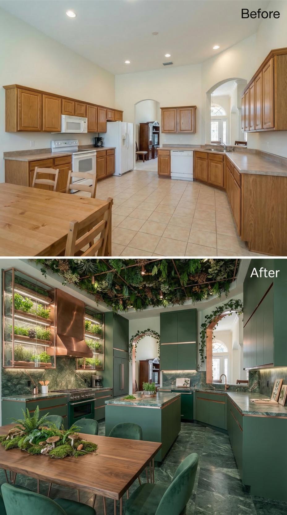 Forest-Ceiling Kitchen Swaps Builder Oak for Copper, Green Marble, and Living Canopy Drama