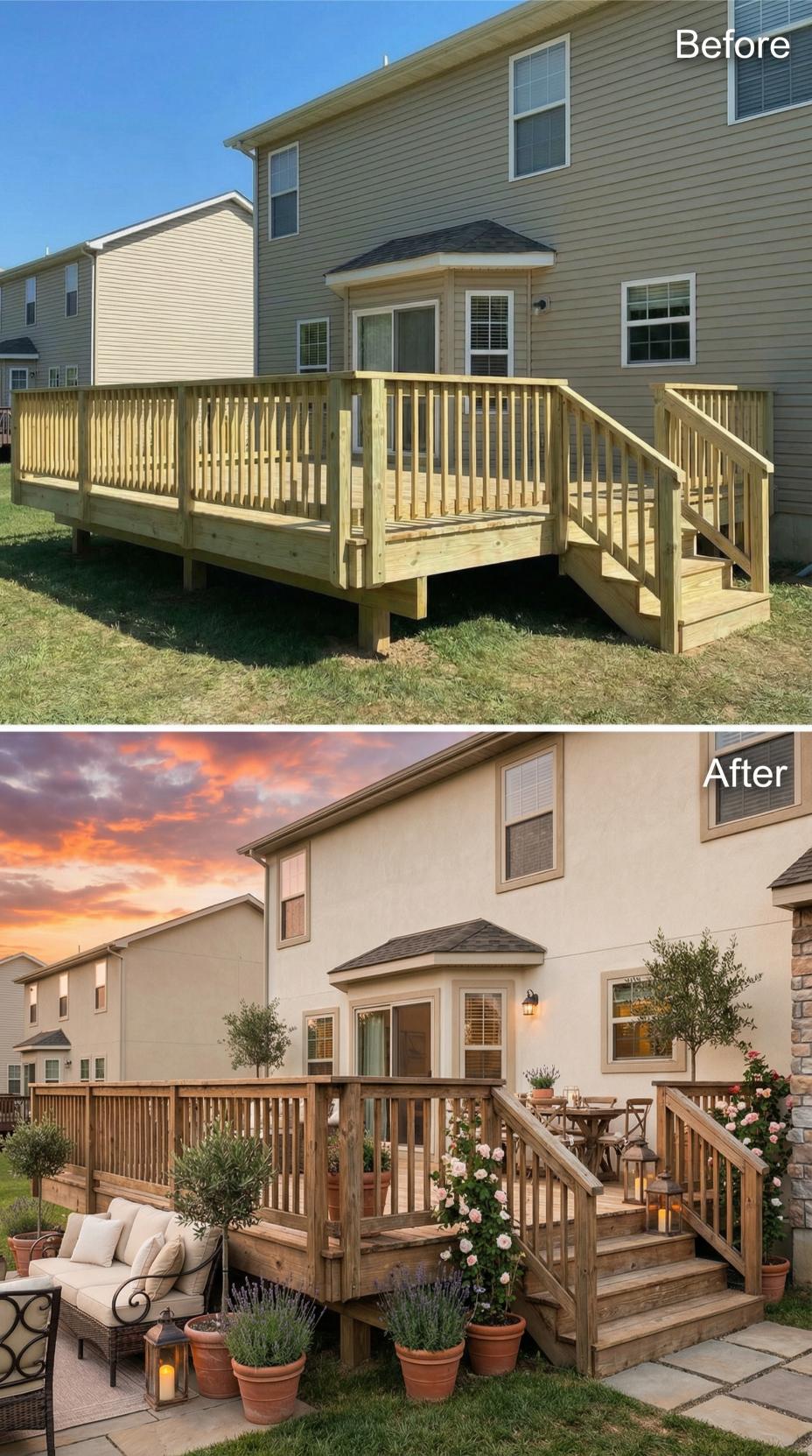 Potted Lavender and Roses Frame Ground-Level Patio Extension