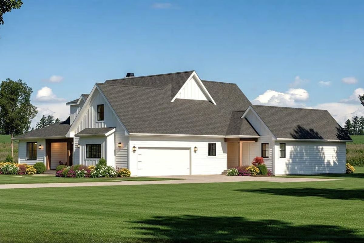White Board-and-Batten Exterior With Dark Shingles and a Three-Car Garage