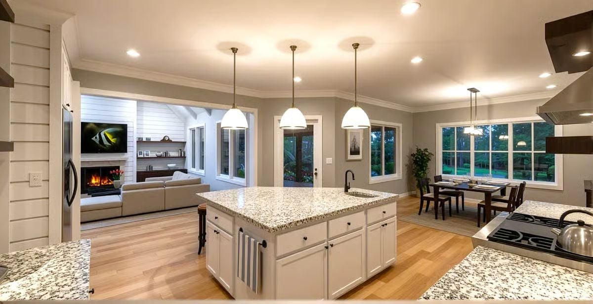 Granite Island Kitchen Opens Into a Fireplace Living Room