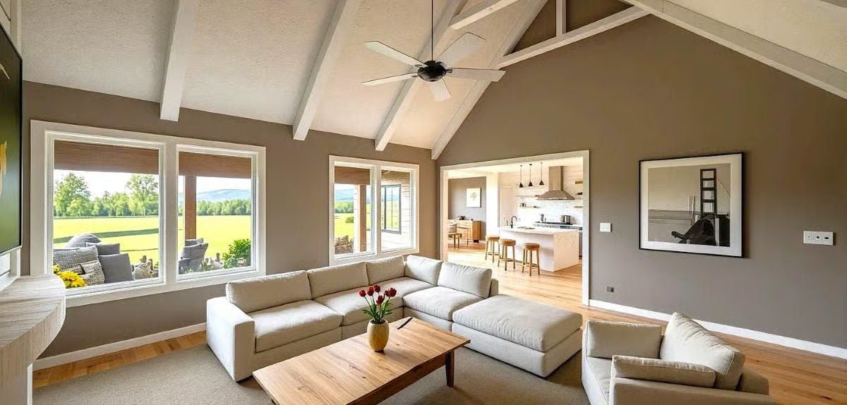 Vaulted Ceiling With Exposed Beams Opens Into a Farm-View Living Room
