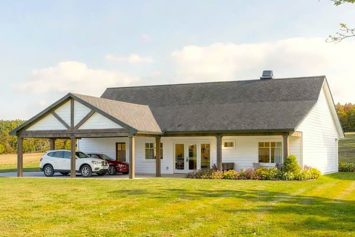 Carport and Front Entry with Exposed Timber Framing