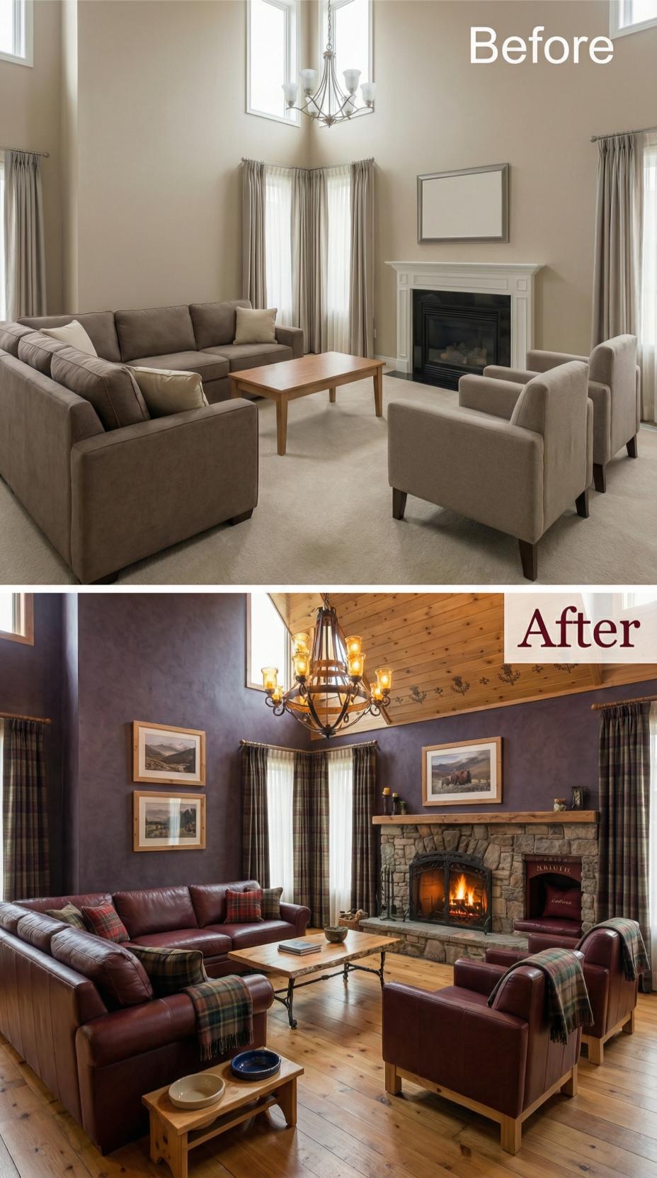Wine Leather Sofa and Stone Fireplace Surround Banish Carpet Monotony