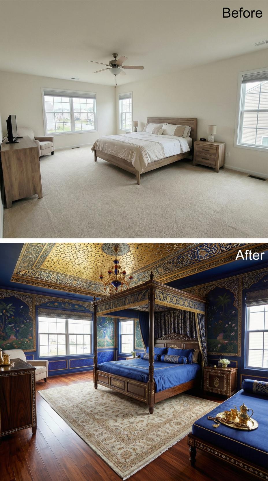 Lapis Blue Walls, Gold Arabesque Ceiling, and a Four-Poster That Rewrites the Room