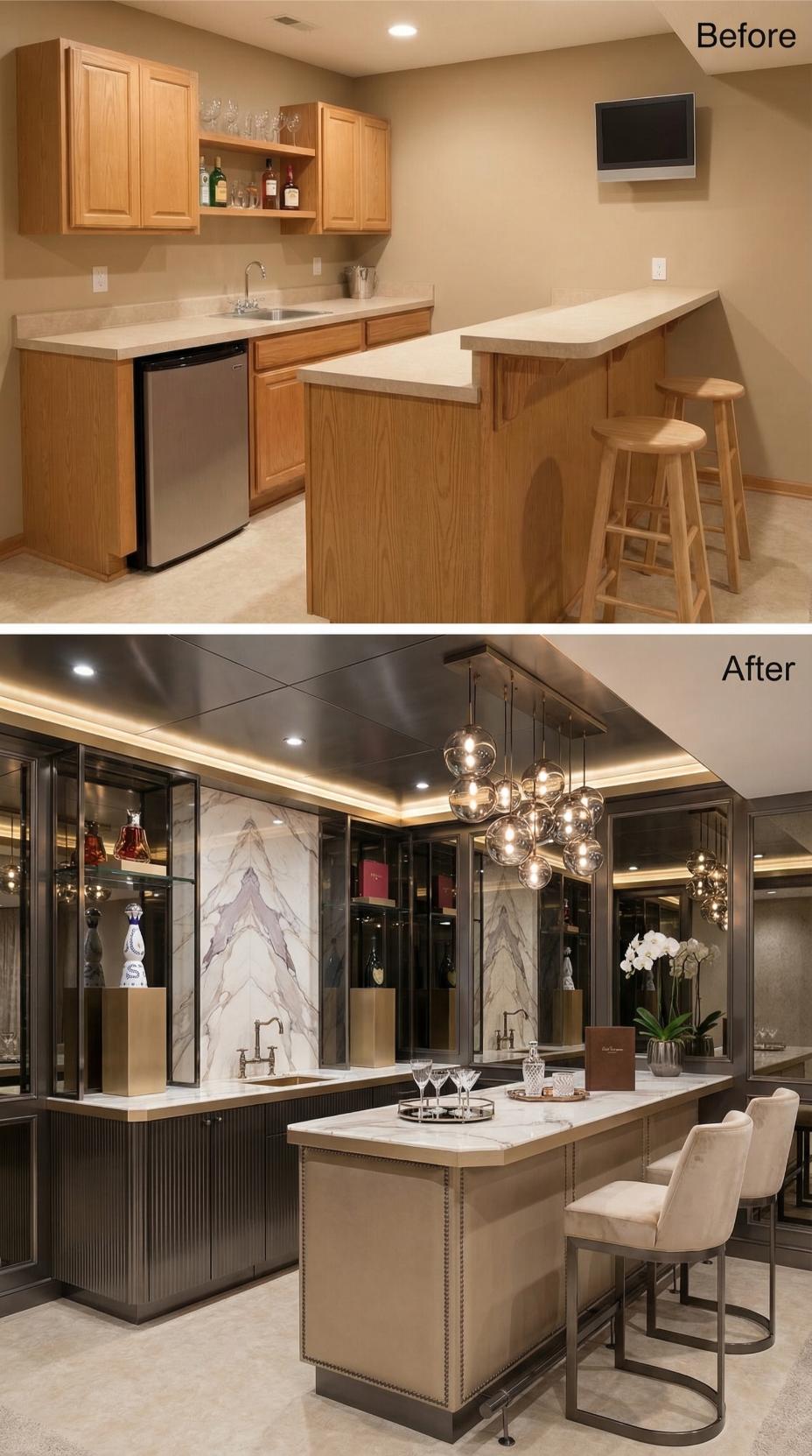 Smoked Glass Pendants and Ribbed Millwork Frame Neo-Deco Bar Revival