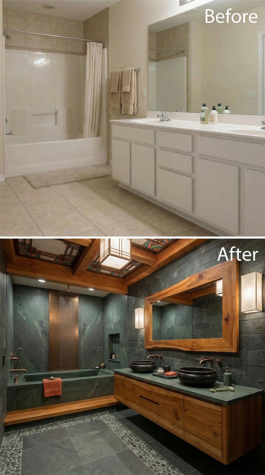 Floating Walnut Vanity and Teal Slate Under Exposed Timber Skylight