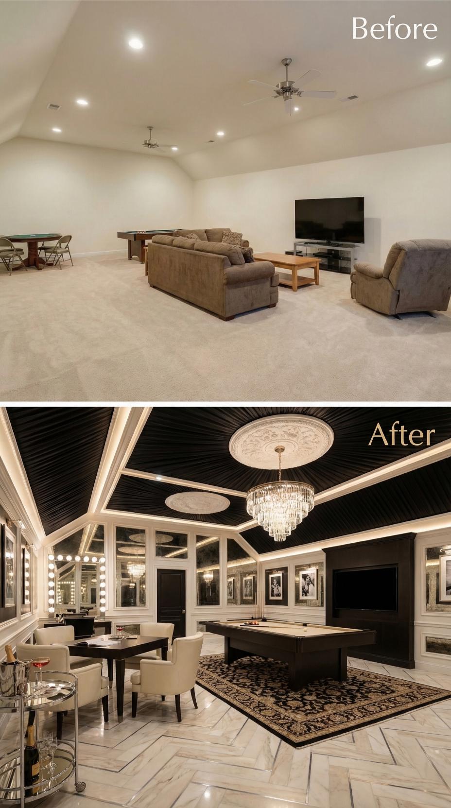 Tuxedo Contrast Ceiling with Crystal Chandelier and Herringbone Stone