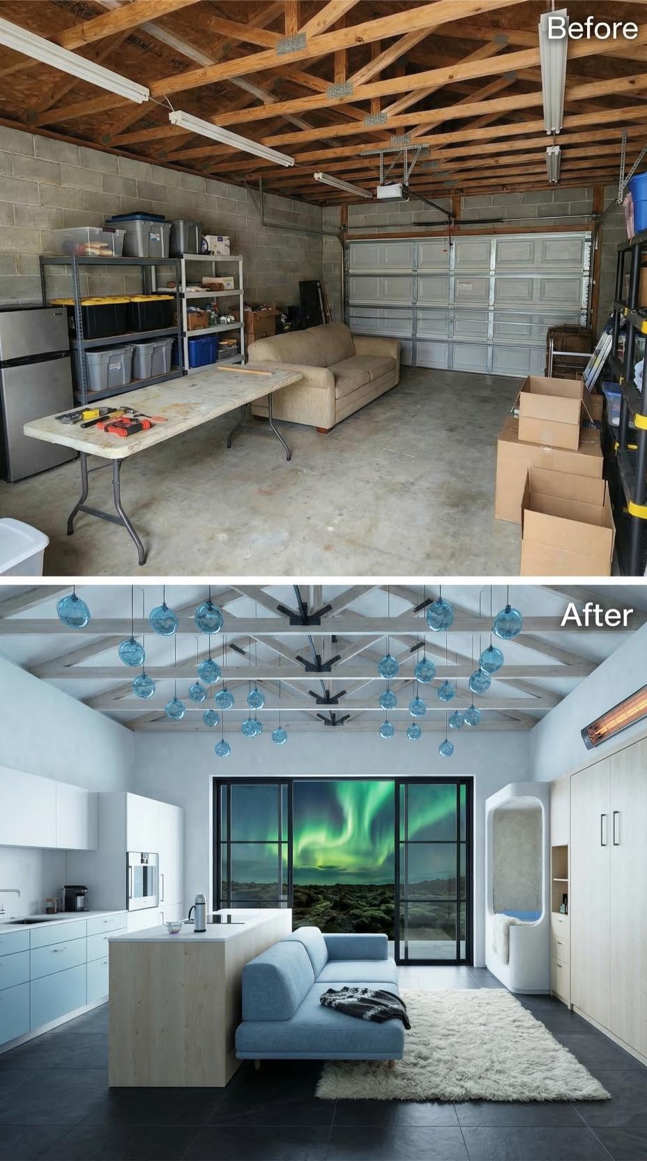 Whitewashed Trusses and Blue Glass Pendants Pulled One Storage Garage Into a Scandinavian Studio