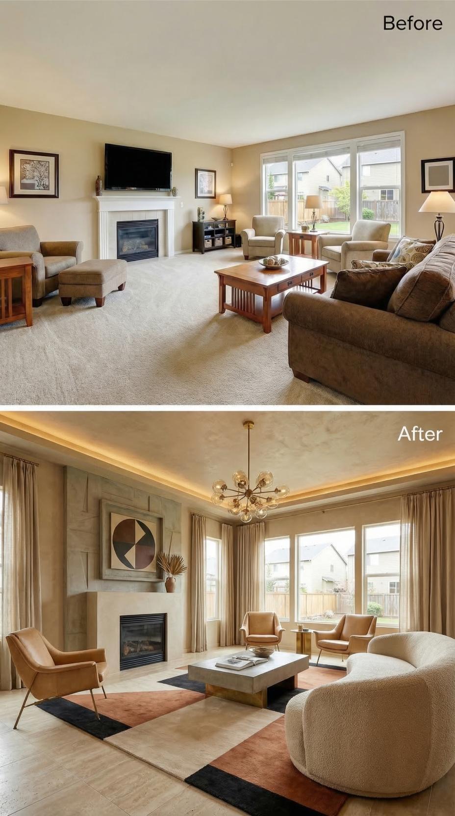 Cove Lighting, Caramel Leather Chairs, and a Geometric Rug Closed the Carpet Era