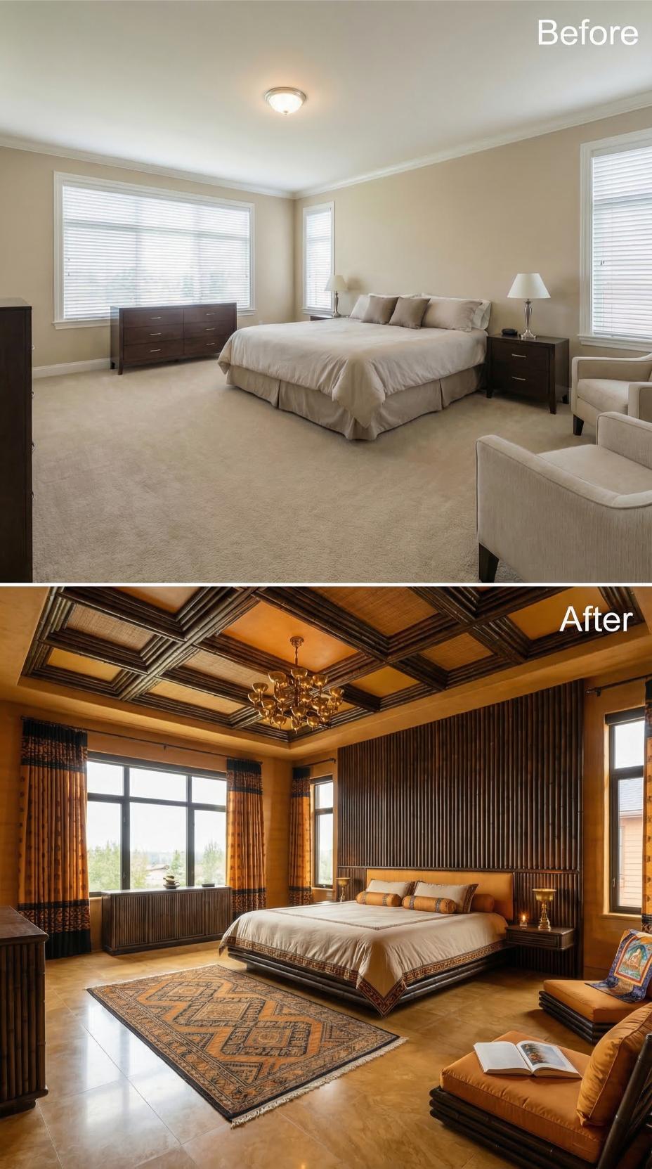 Dark Bamboo Lattice Ceiling and Shou Sugi Ban Headboard Wall Replaced Beige Carpet