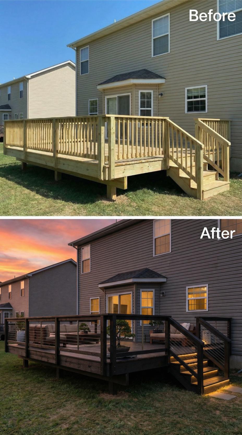 Dark Bronze Horizontal Cable Rail Replaces Traditional Pine Pickets