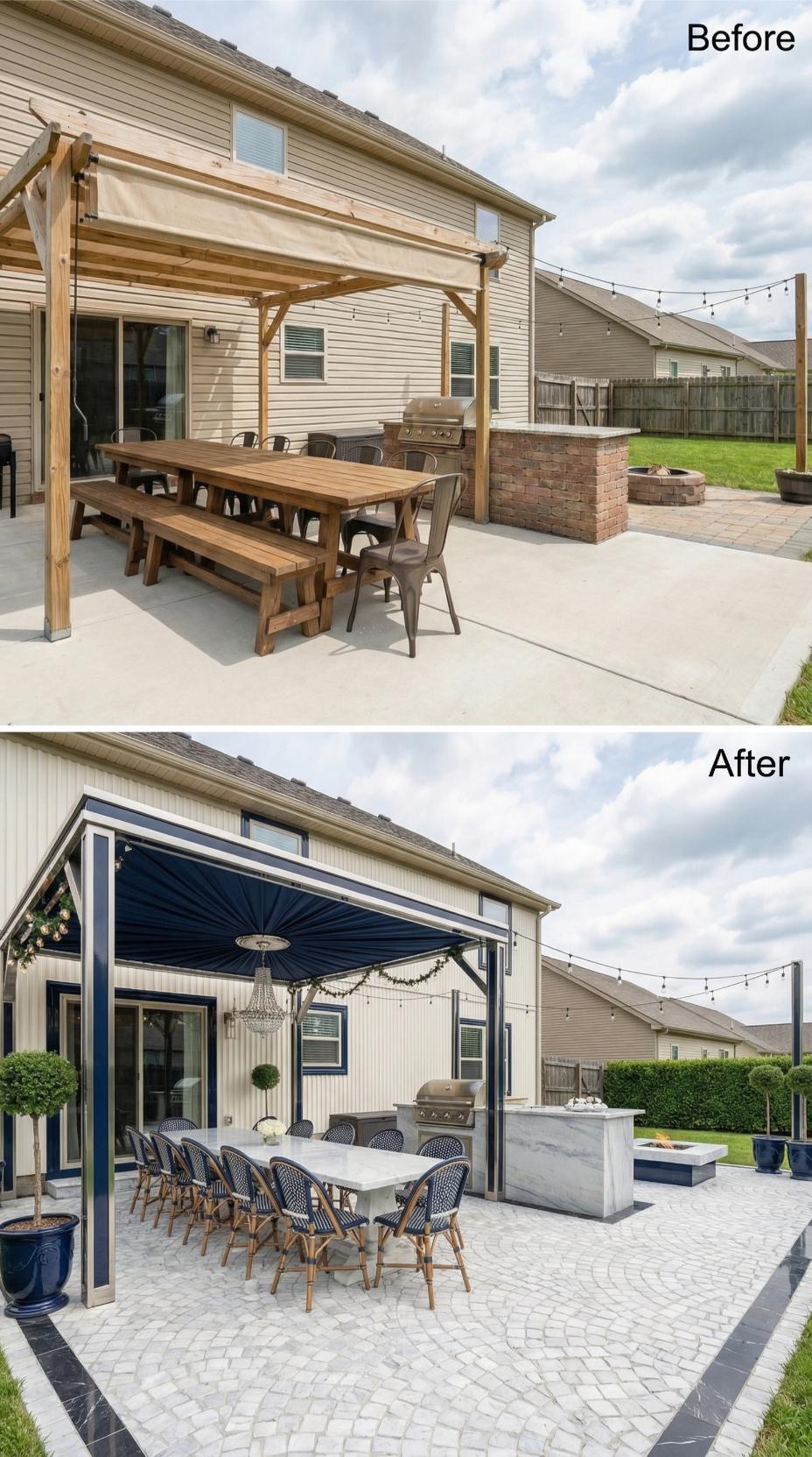 Rustic Pergola to Navy Pavilion with Marble Waterfall Counter