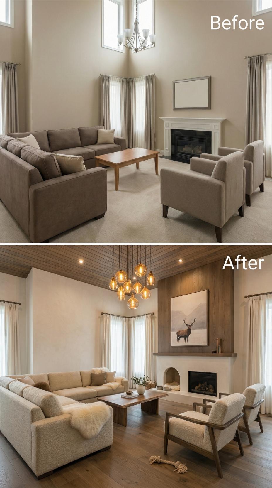 Beige Carpet and Builder Beige Yield to Wood Paneling and Pendant Globes