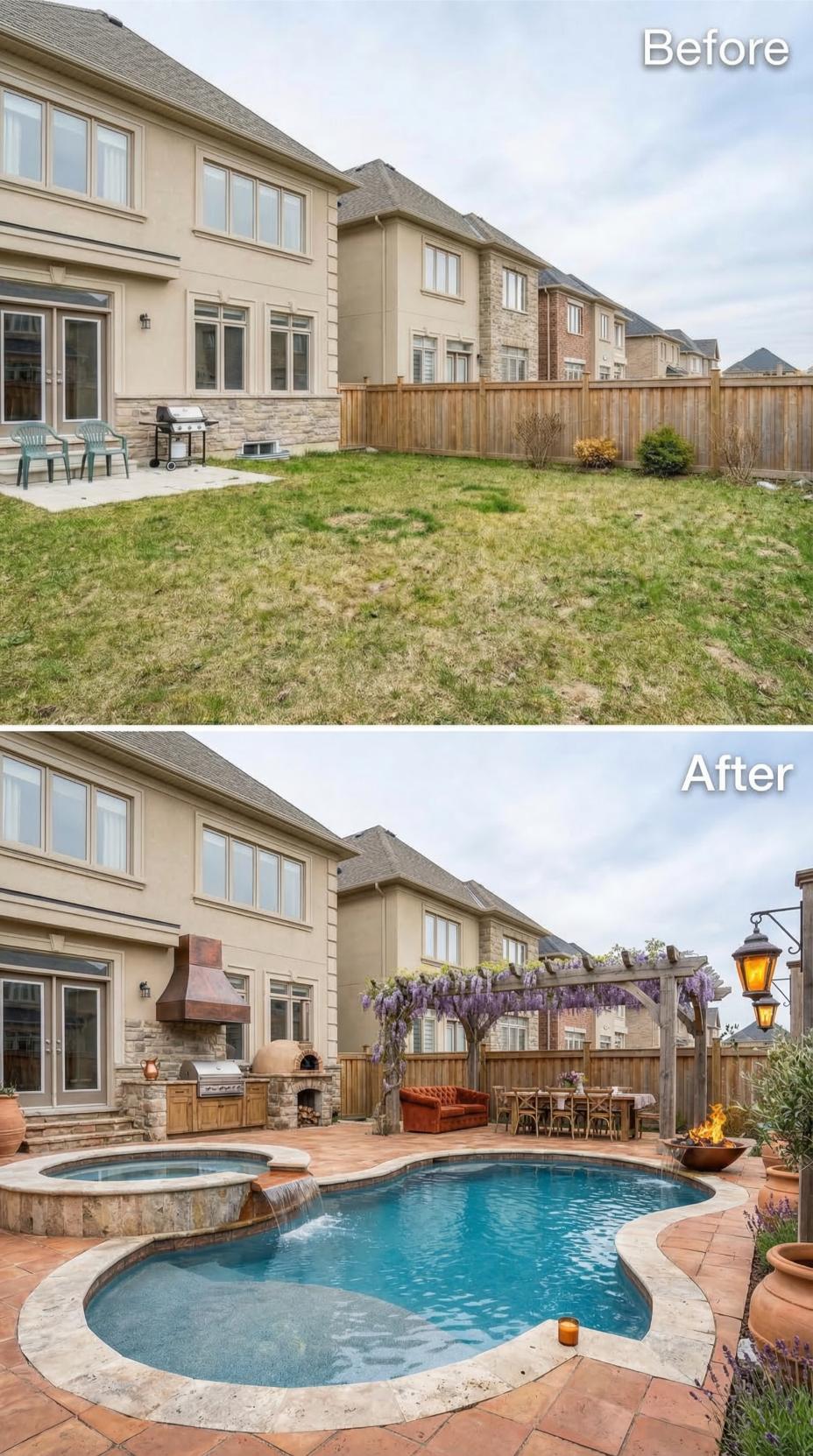 Bare Lawn Gets Kidney Pool, Wood Pergola, and a Pizza Oven With Copper Hood