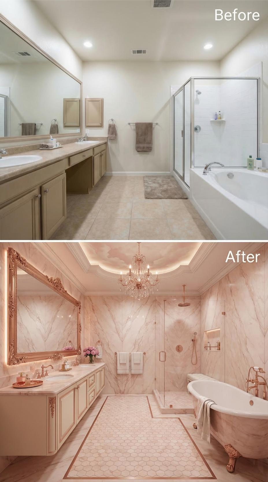Rose Gold Hardware and Pink Marble Walls Replaced Every Inch of Builder Beige