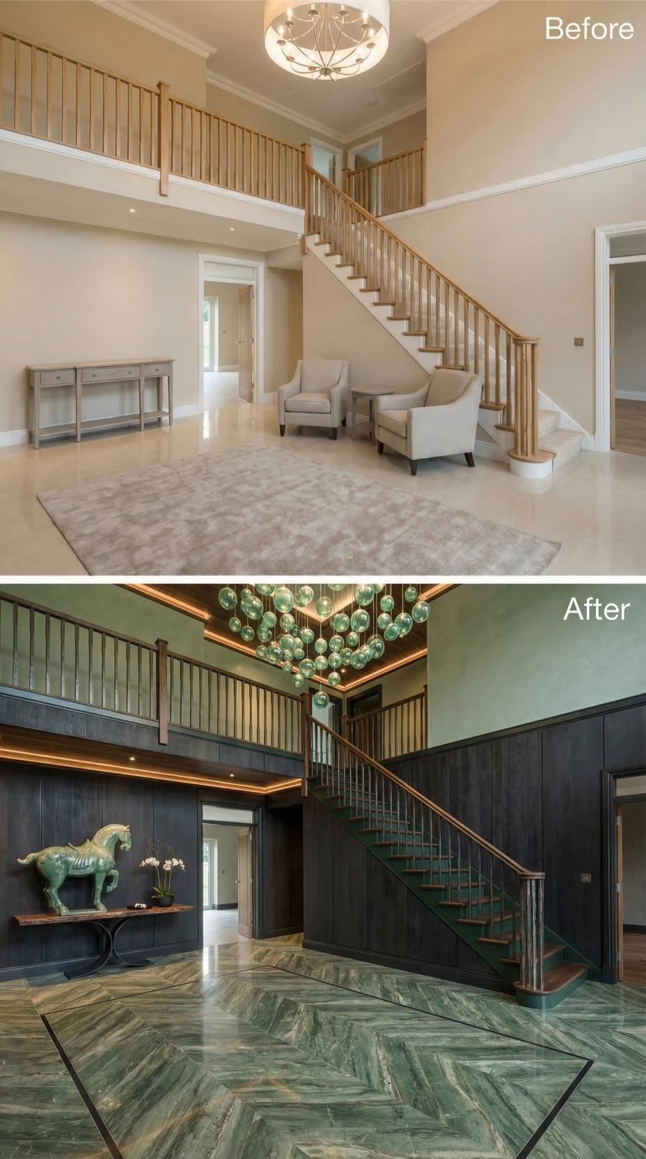 Beige Builder Bones Replaced by Green Marble Chevron, Smoked Paneling, and Glass Orb Clusters