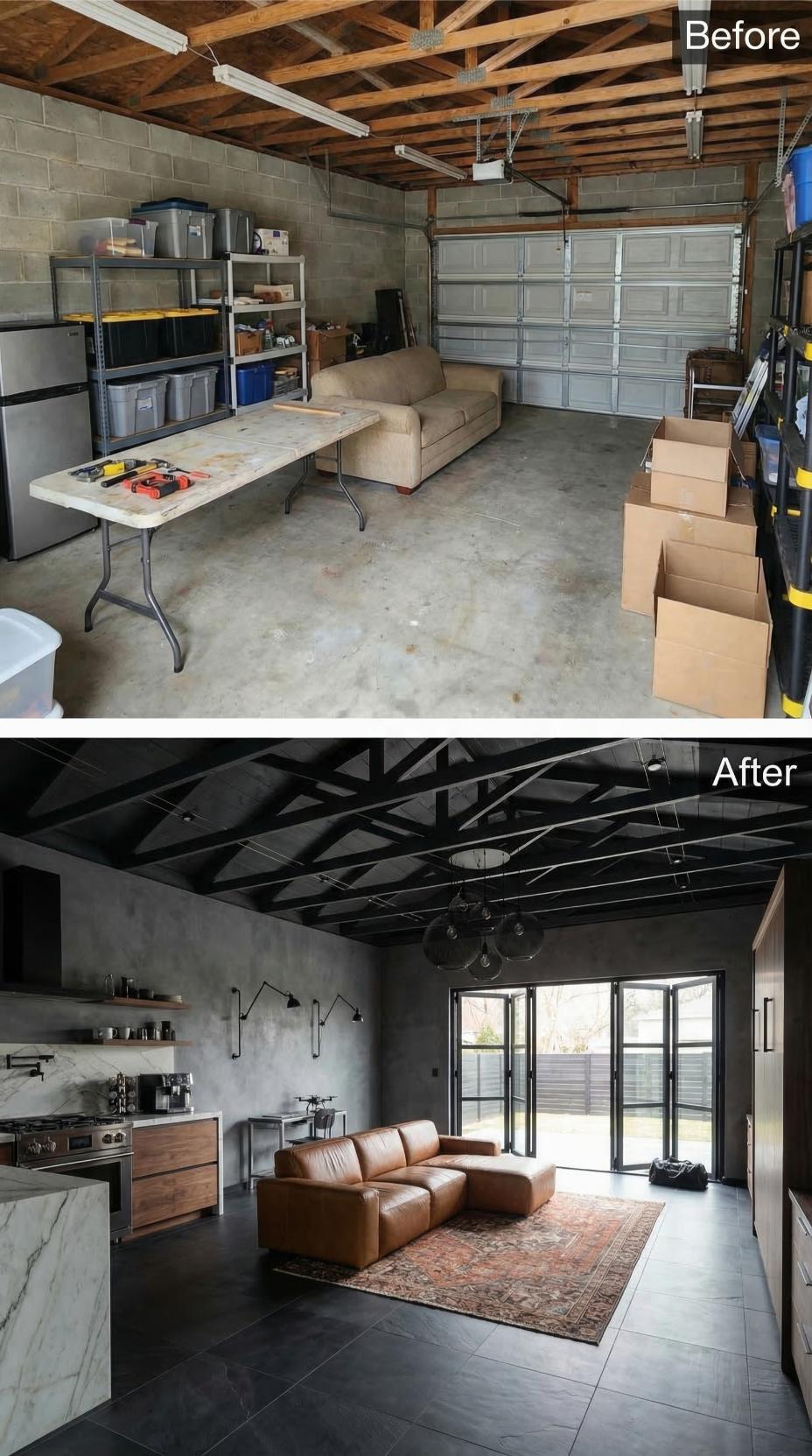 Black-Painted Trusses and Bi-Fold Glass Doors Turned One Garage Into a Loft Worth Fighting Over