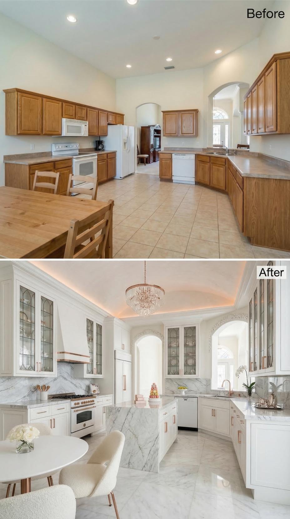 Oak Cabinets Out, White Cabinetry and Marble Waterfall Island In
