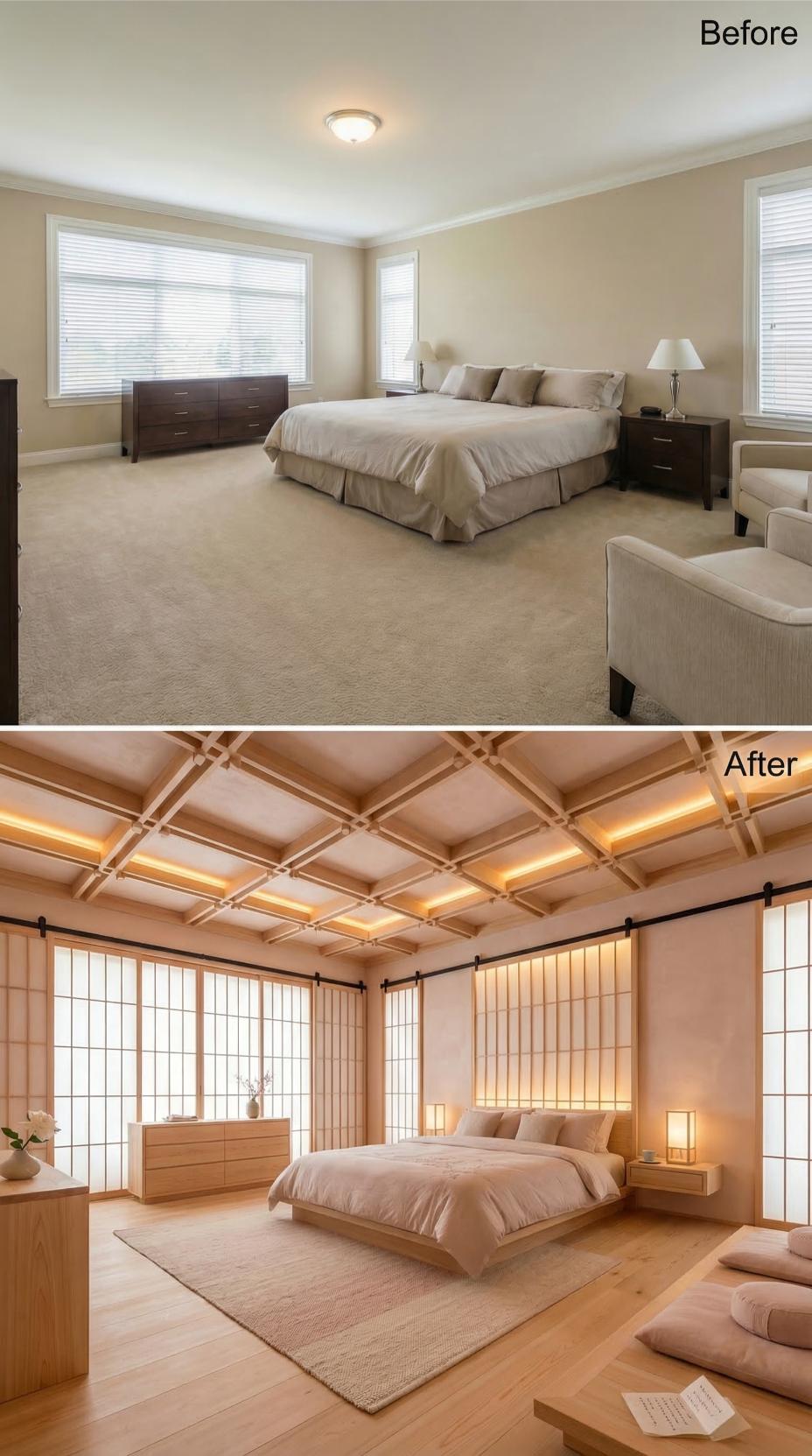 Shoji Screens and Coffered Cedar Replaced Carpet and Crown Molding