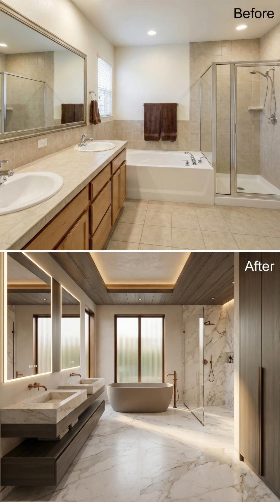 Marble Slabs and Cove Lighting Replaced Oak Cabinets and Grout Lines