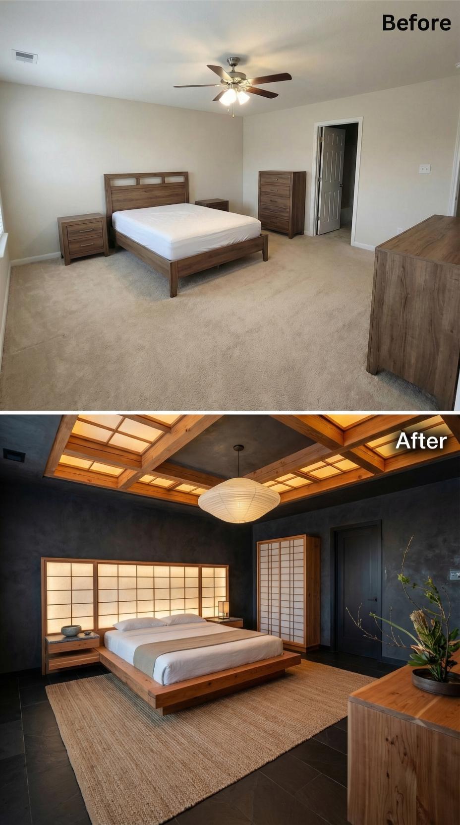 Japanese-Inspired Shoji Screens and Coffered Skylight Ceiling