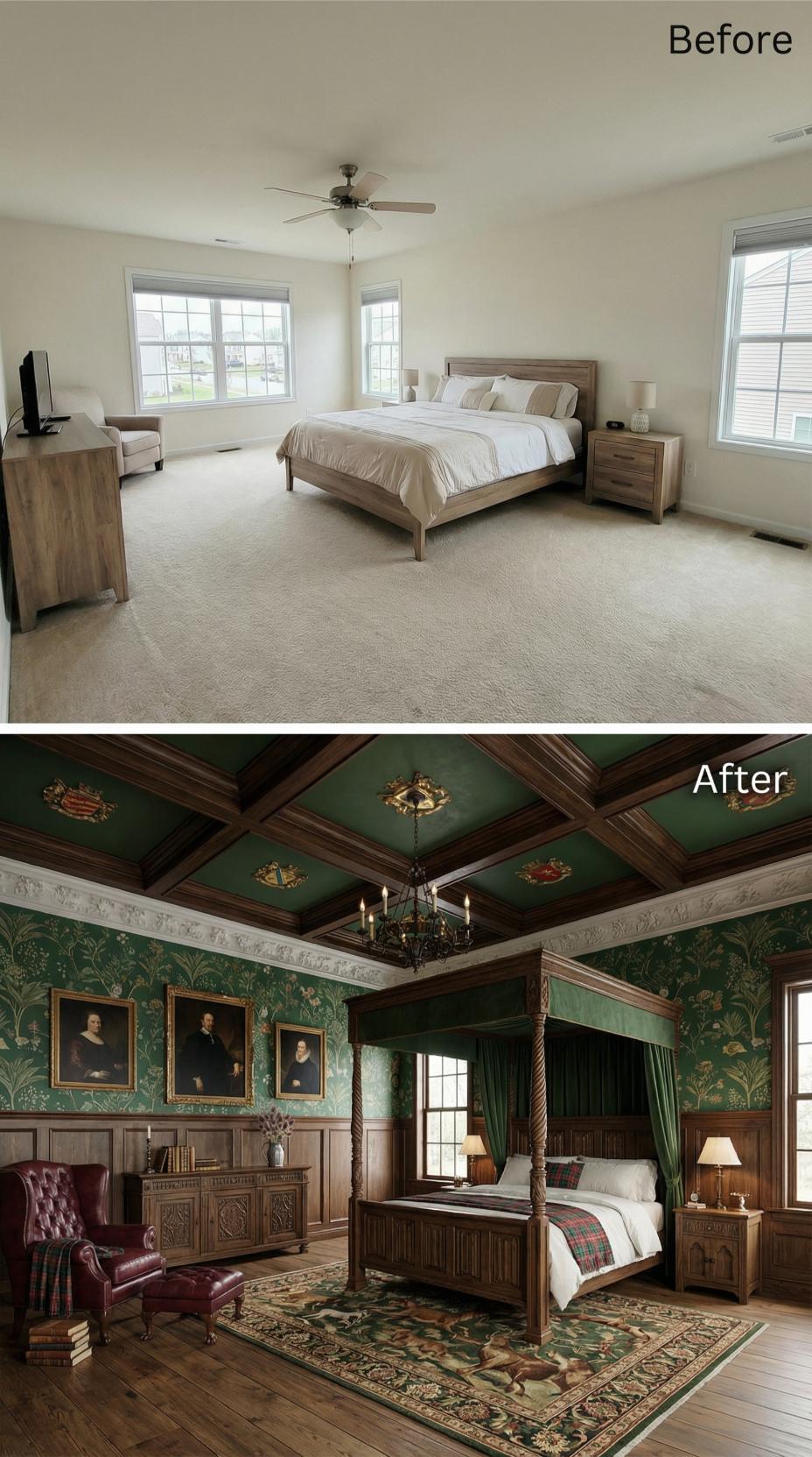 Dark Walnut Coffered Ceilings and Heraldic Crests Earn Their Keep