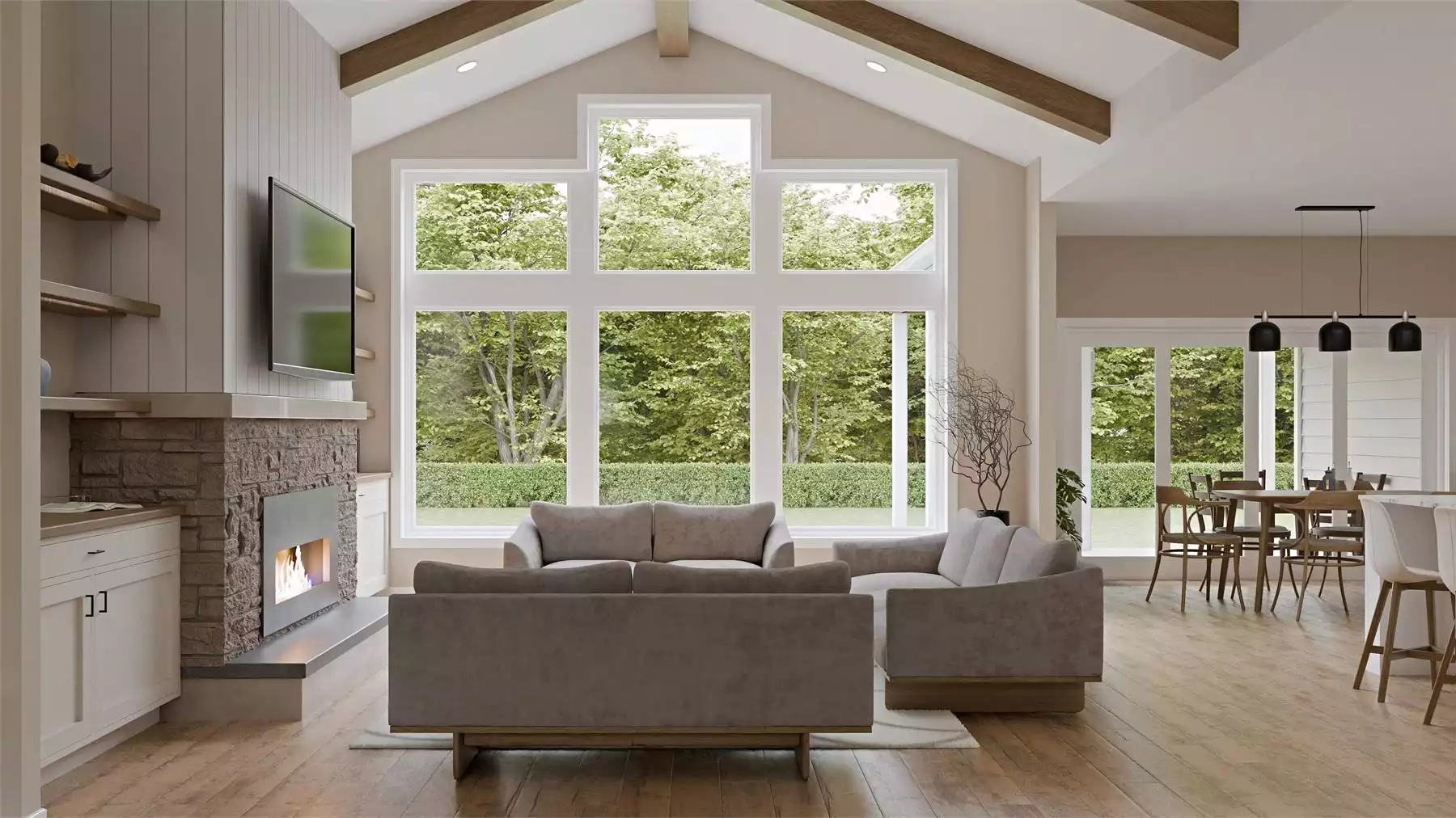 Vaulted Ceilings and Exposed Beams Frame a Light-Filled Craftsman Living Room