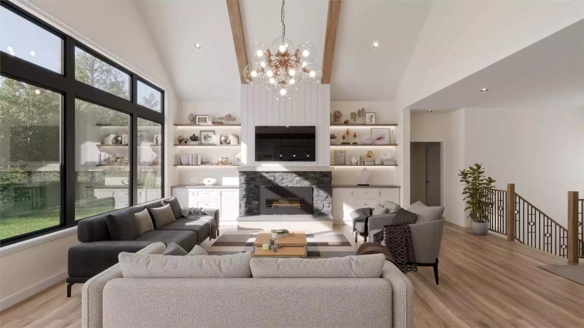 Vaulted Ceilings and a Stone Fireplace Define This Open Living Space
