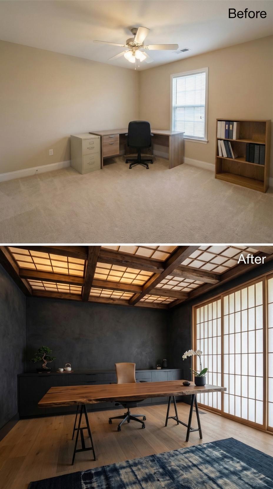 Shoji Screen Replaces Standard Window Blinds and Builder-Grade Trim