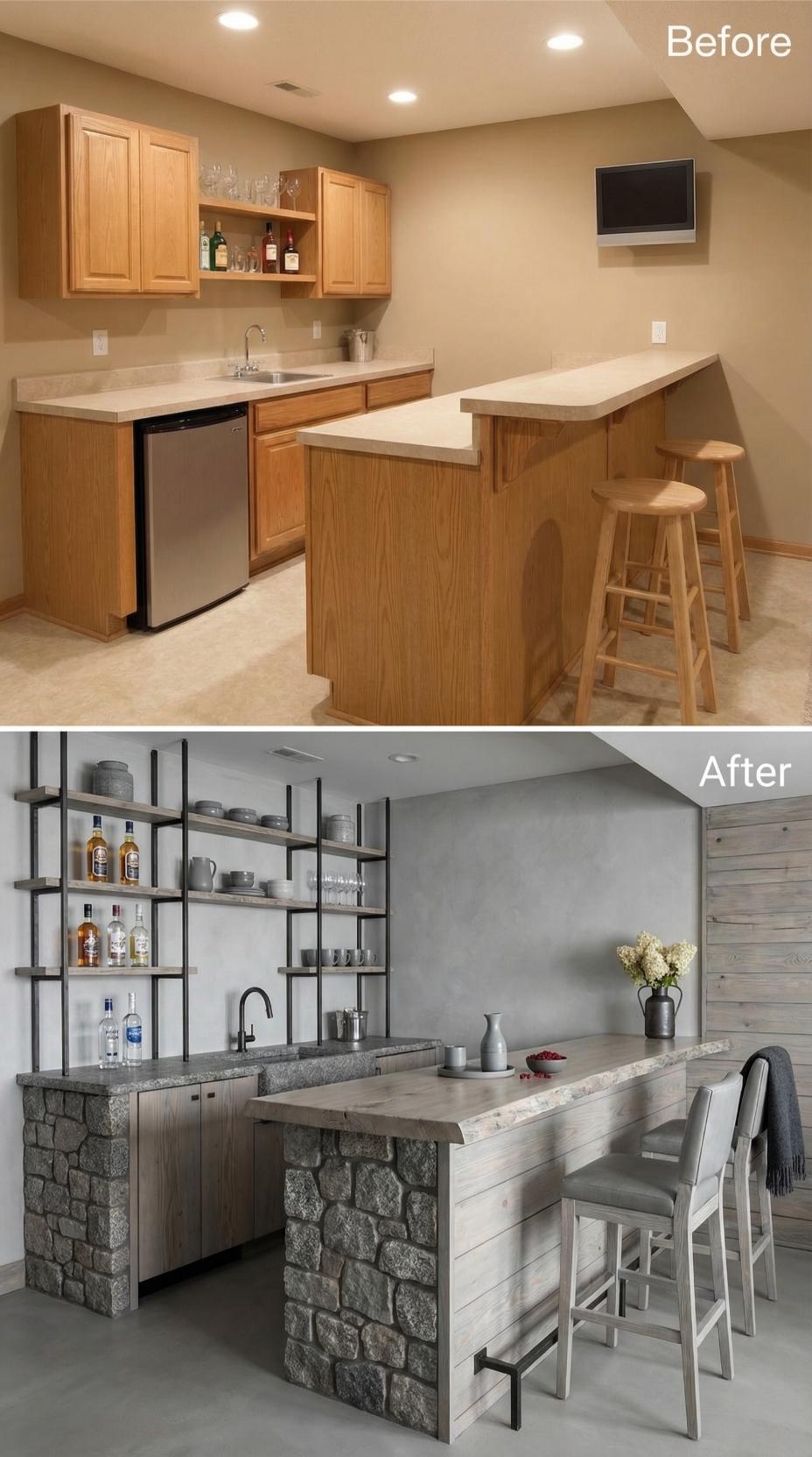 Stone-Clad Island and Industrial Shelving Replace Honey Oak Galley