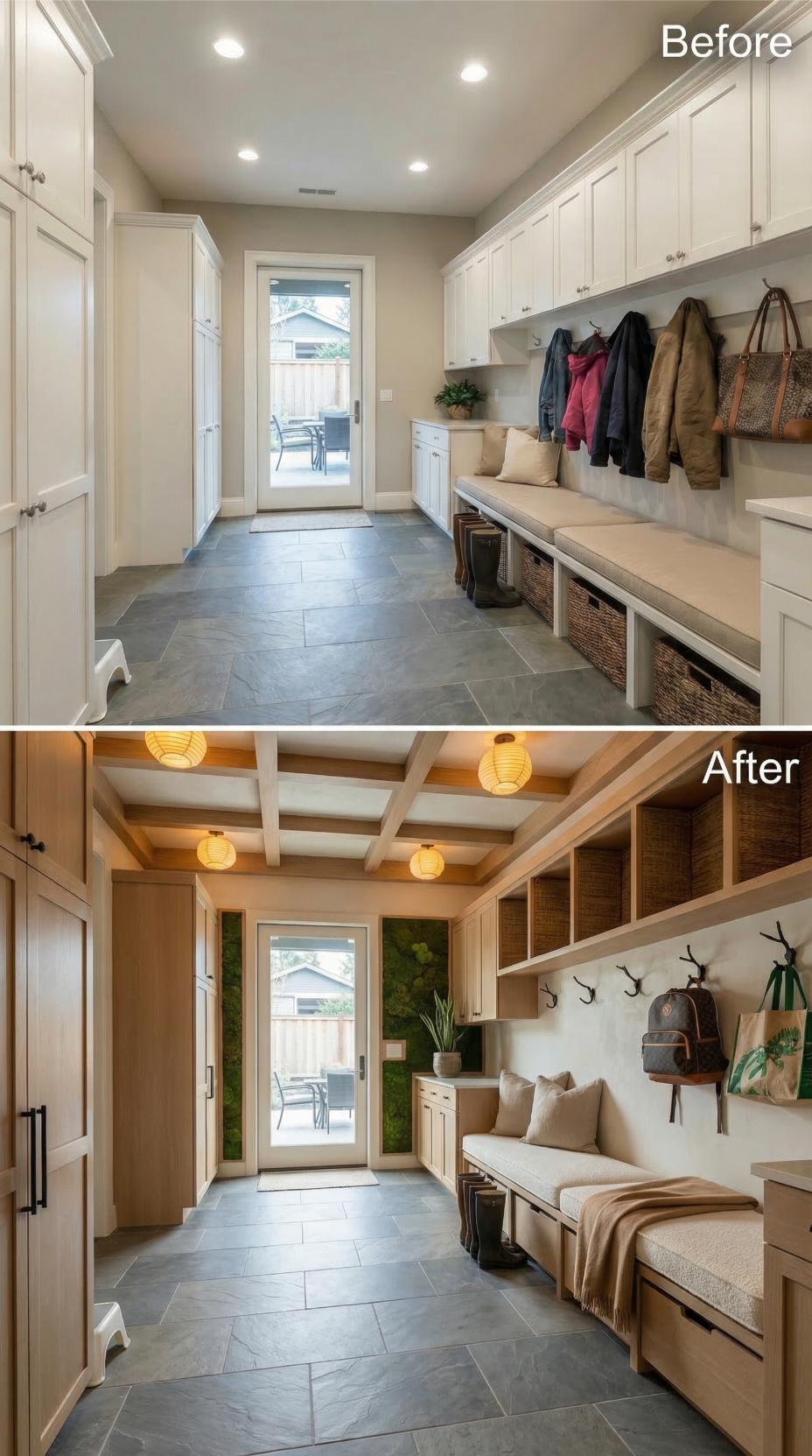 Coffered Ceiling and Moss Panels Replace Recessed Lighting Simplicity