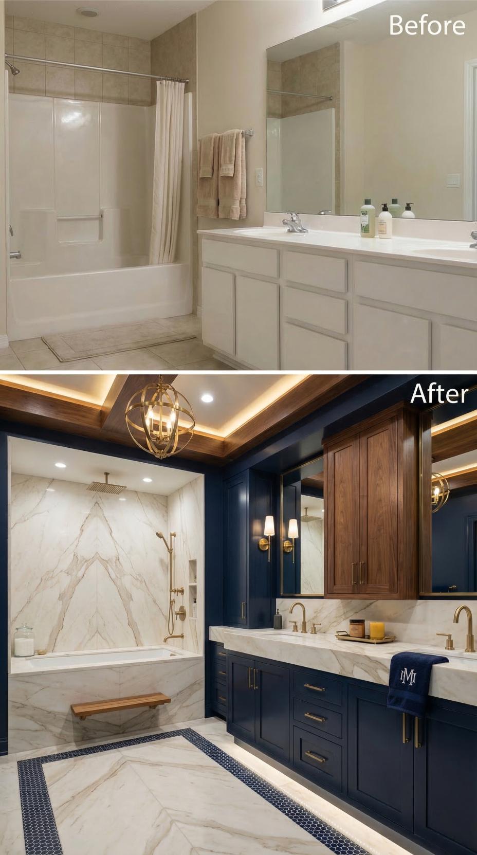 Navy Shaker Cabinets and Calacatta Marble Bookmatched Shower Surround