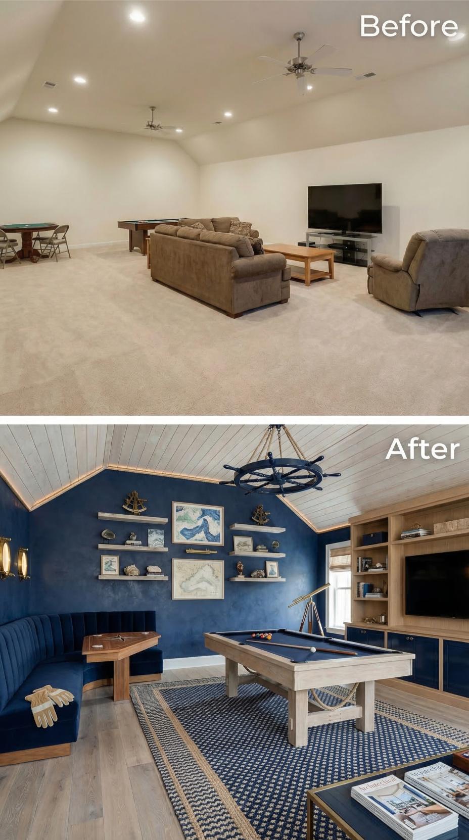 Nautical Identity Anchored by Deep Navy and Natural Wood Warmth