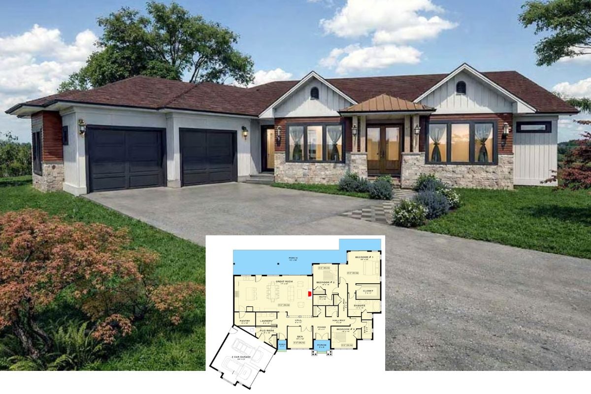 Modern 3-Bedroom Craftsman Ranch with Expansive Porch and Angled 2-Car Garage (Floor Plan)