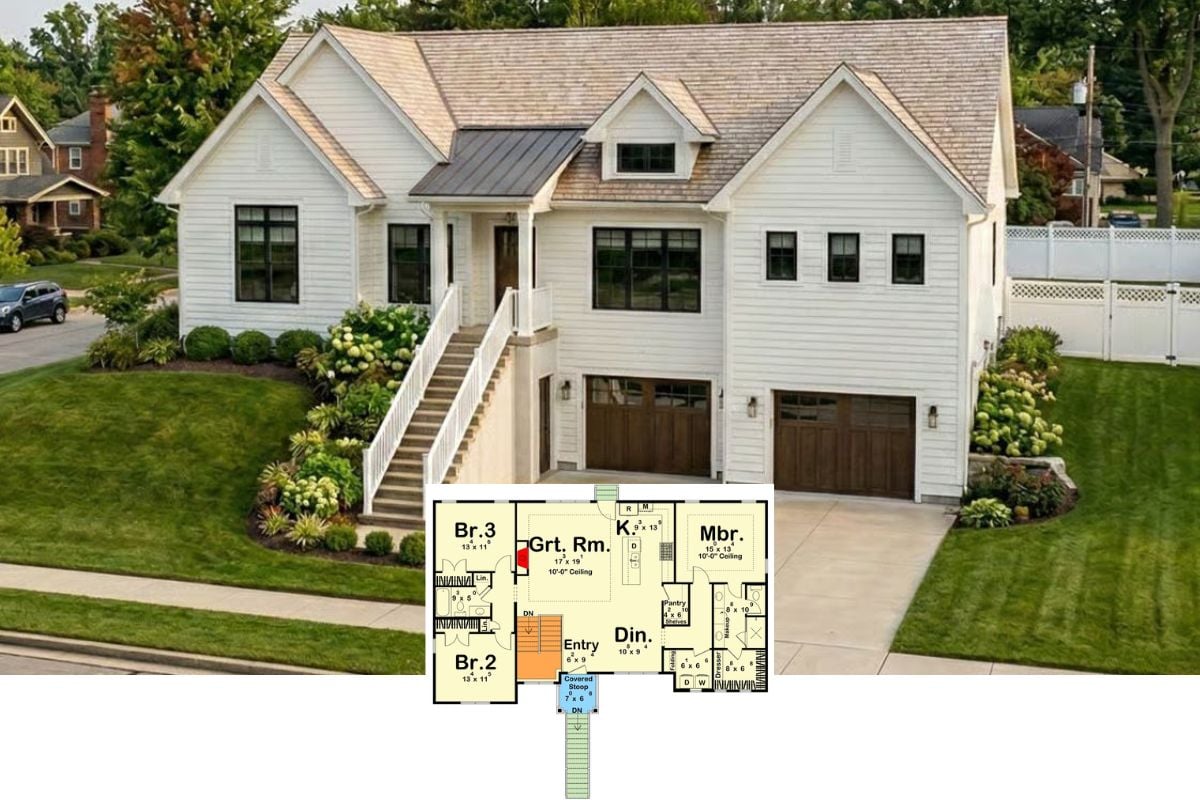 Traditional-Style 3-Bedroom Home for a Sloped Lot with 2-Car Garage and Open Living Space (Floor Plan)