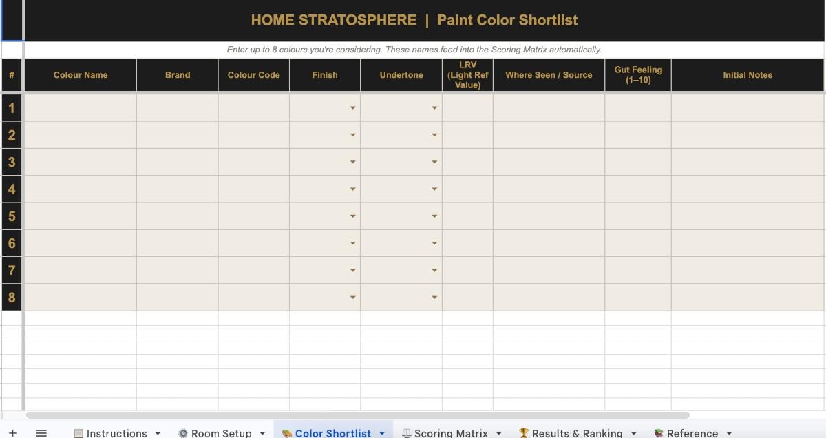 Paint Color Decision Matrix